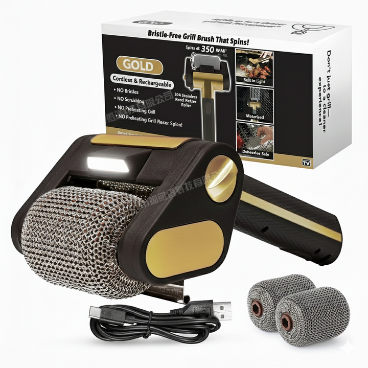 Compact electric grill cleaner with stainless steel, rechargeable, easy storage