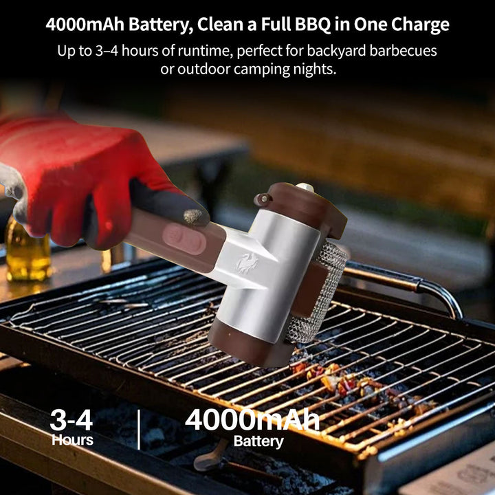 Hand holding electric grill cleaner with LED light on a dirty grill grate