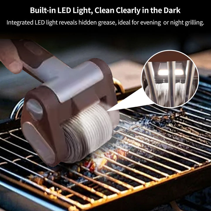 Close-up of electric grill cleaner's stainless steel bristles, rechargeable