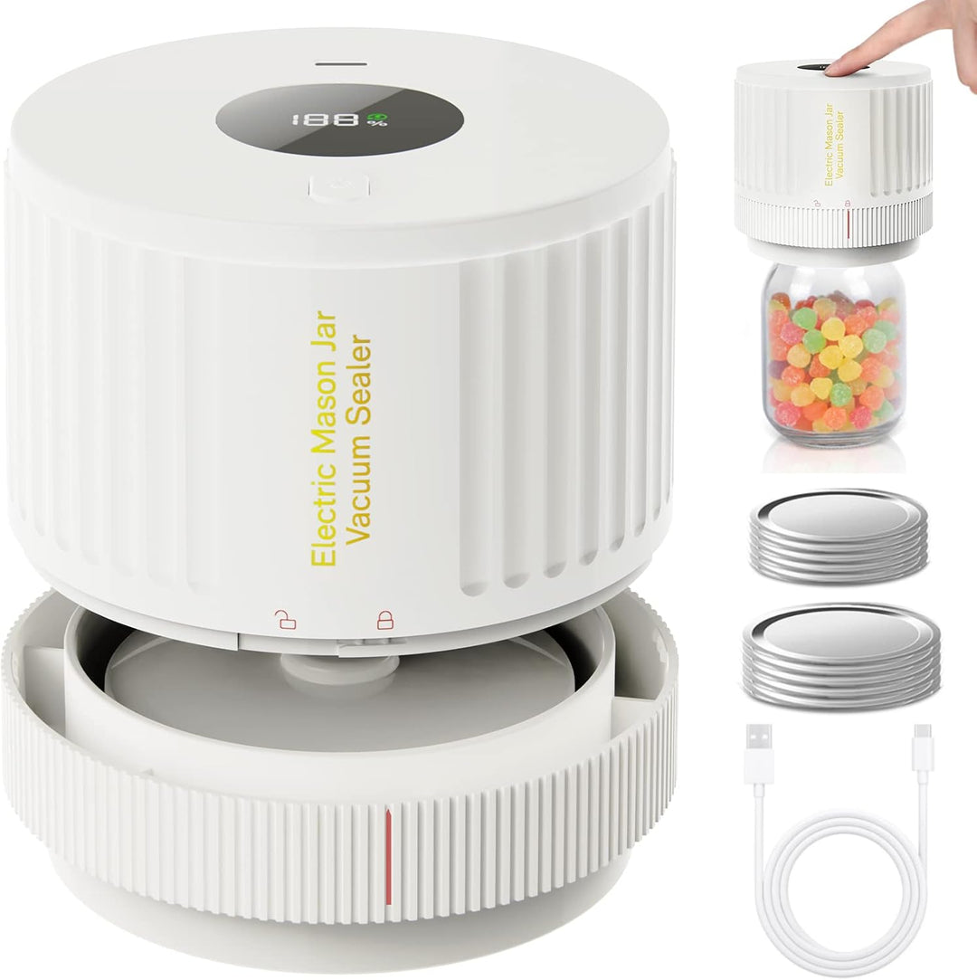 Sealing mason jars with an electric vacuum sealer, extending fresh food storage time.
