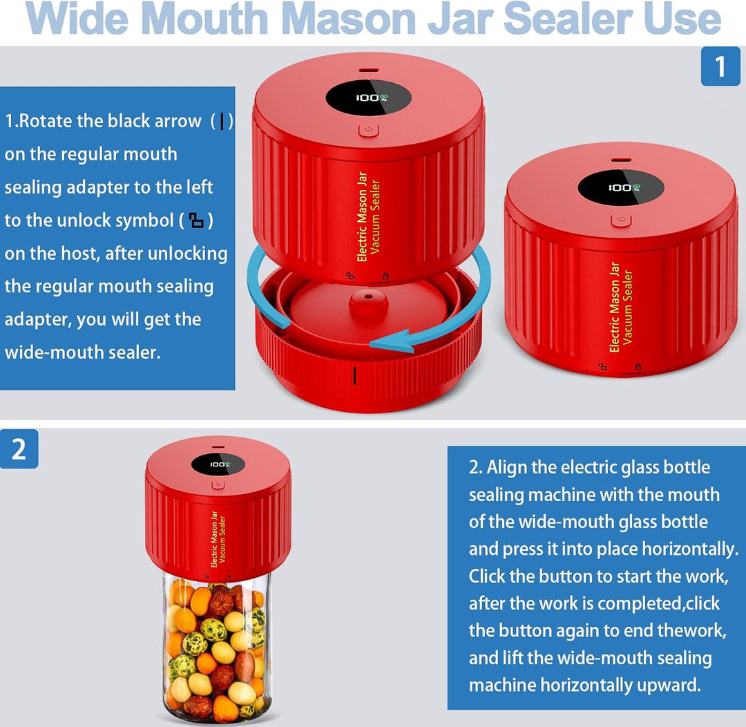 Close-up of electric mason jar vacuum sealer in action, preserving food freshness.
