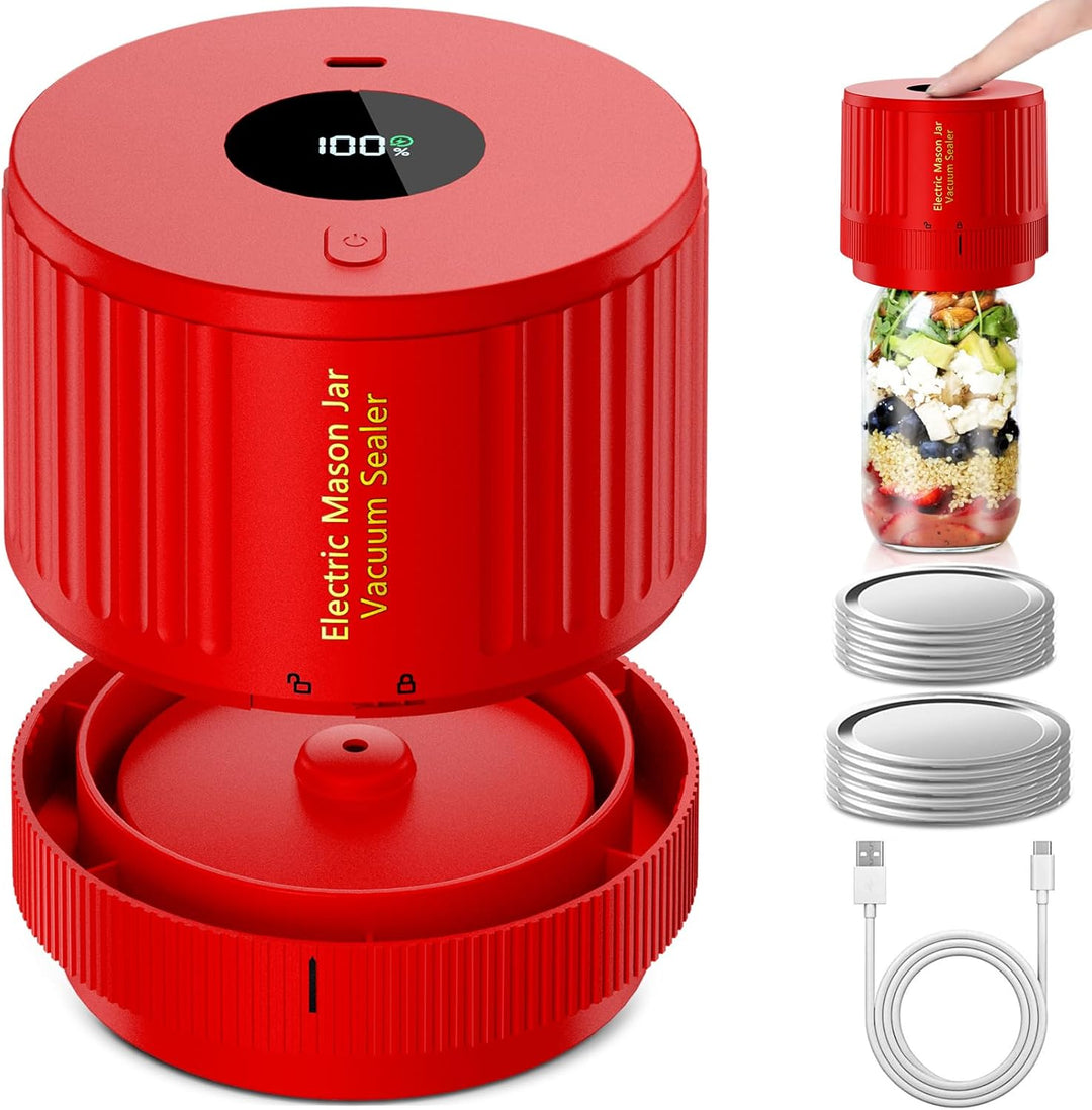 Compact electric vacuum sealer for mason jars on a kitchen counter, an essential food preservation tool.