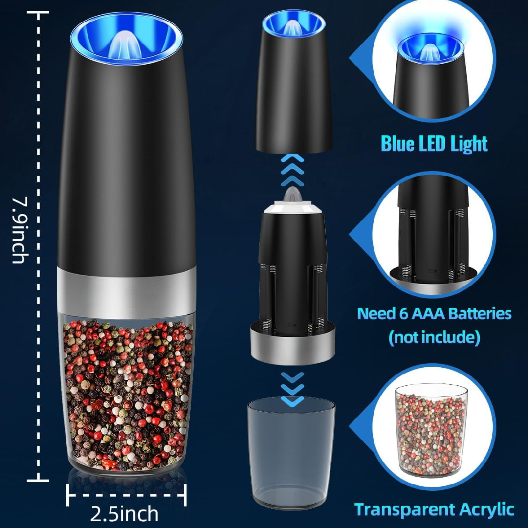 Sophisticated electric salt and pepper mill set. Precise adjustable grind, long-lasting battery, cooking essential.