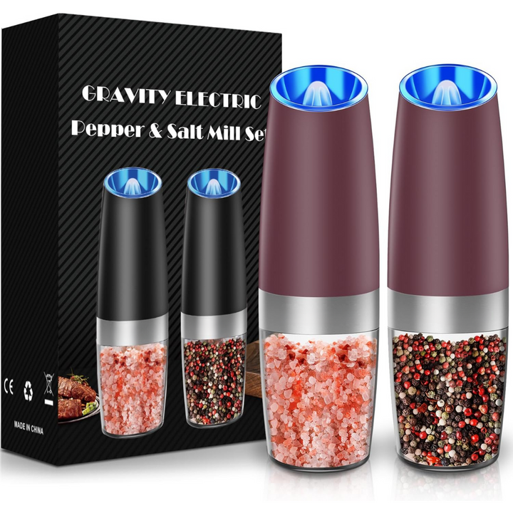 Automatic salt & pepper mill set. Sleek design, easy-to-use, rechargeable kitchen gadget for precise seasoning.