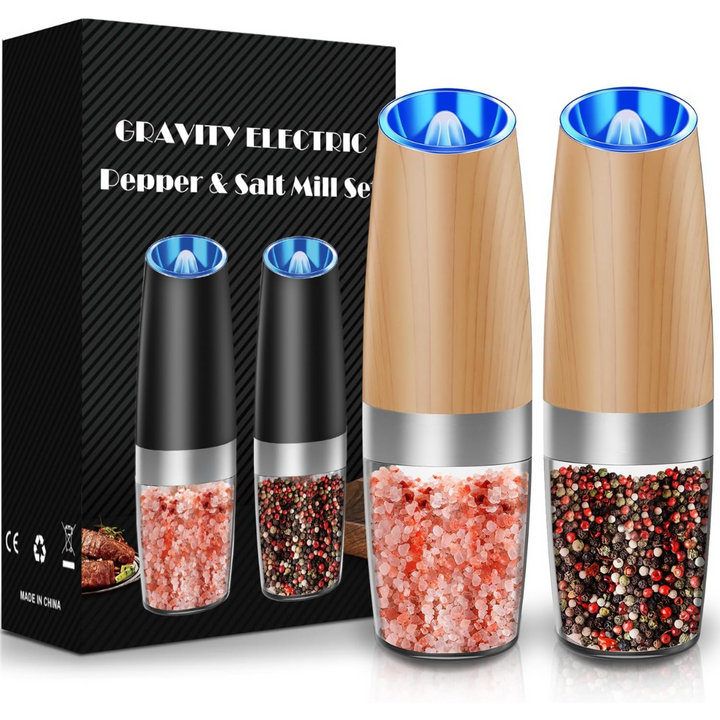 Modern electric salt and pepper grinder. USB rechargeable, adjustable ceramic grinding, perfect for any kitchen.