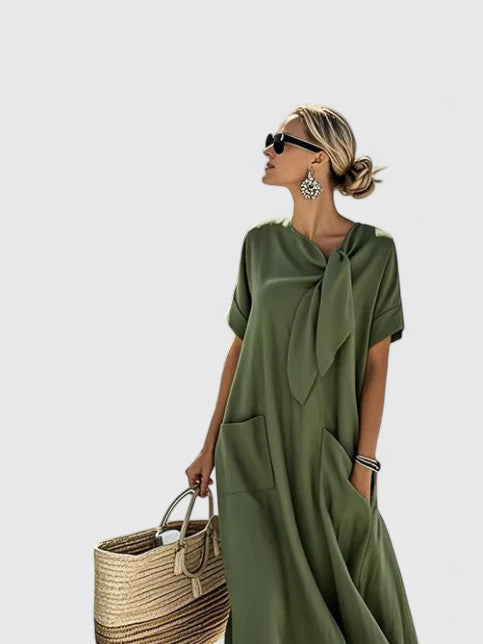 Army green elegant women's summer midi dress, flowing design. Perfect casual chic outfit for day to evening.