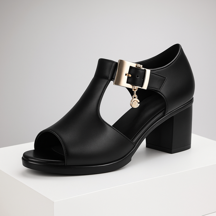 Chic gray women's block heels with an elegant ankle buckle and comfortable open toe design.