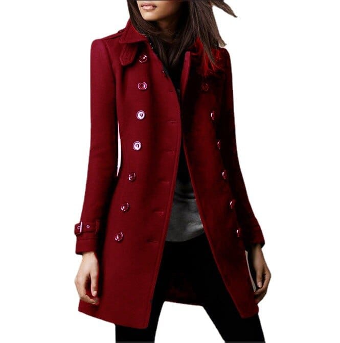 Chic blue women's tailored long coat, double-breasted with structured collar, elegant winter outerwear.