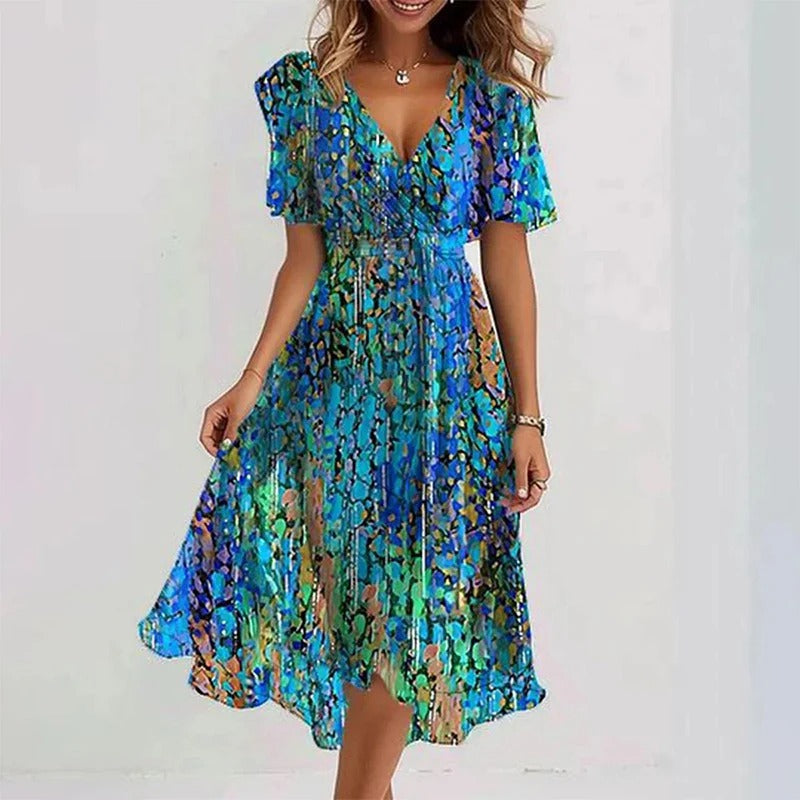 Vibrant colorful elegant midi dress for women. Stylish occasion wear, perfect for versatile fashion.
