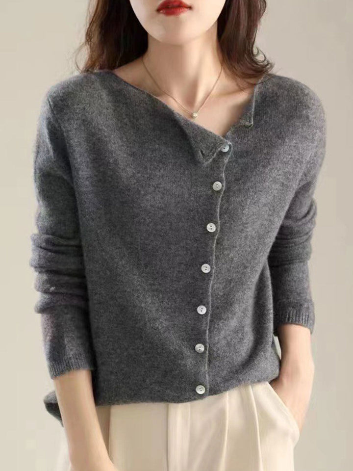 Cozy knit women's Lilou cardigan. Elegant soft outerwear, relaxed fit, perfect long sleeve layering top.