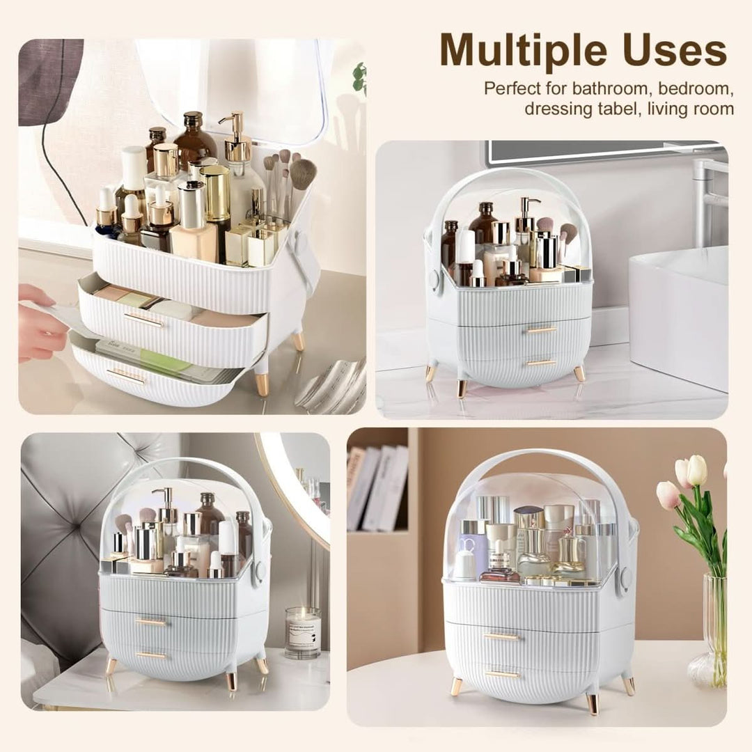 Bedroom vanity organizer: elegant dustproof makeup & cosmetic storage solution.