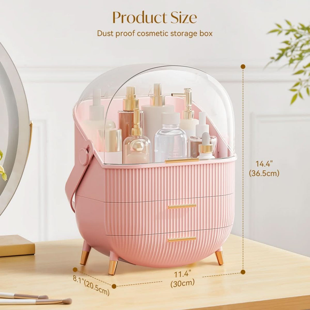 Dustproof makeup organizer open, showing spacious beauty storage for various items.