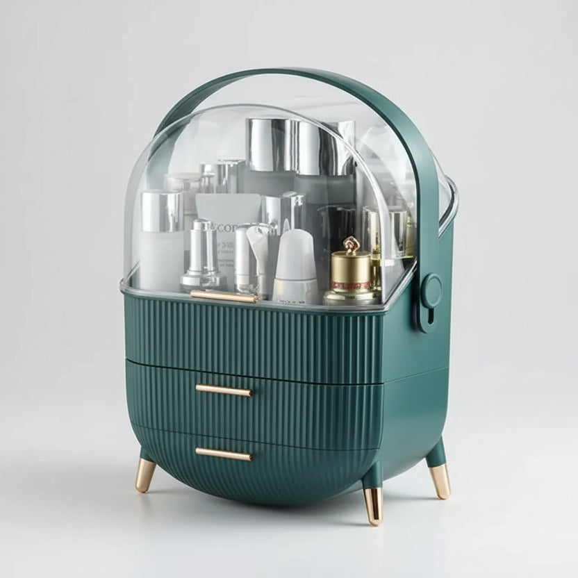 Elegant dustproof organizer for skincare & makeup, a versatile beauty storage solution.