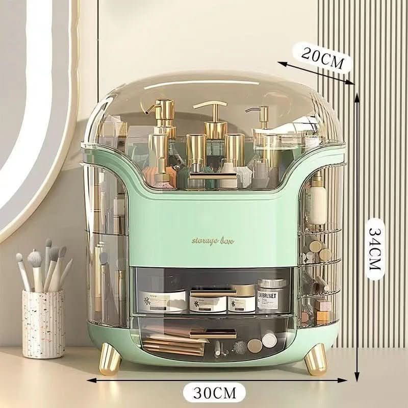 Dustproof makeup organizer on a white vanity, highlighting its elegant design.