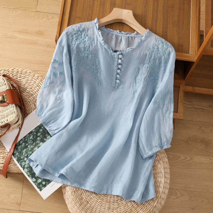 Elegant floral button-front blouse for women, long sleeve, versatile spring fashion.