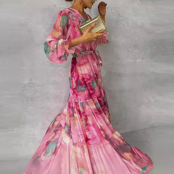 Feminine floral print maxi dress, elegant and classic style for women's summer fashion and occasion wear.
