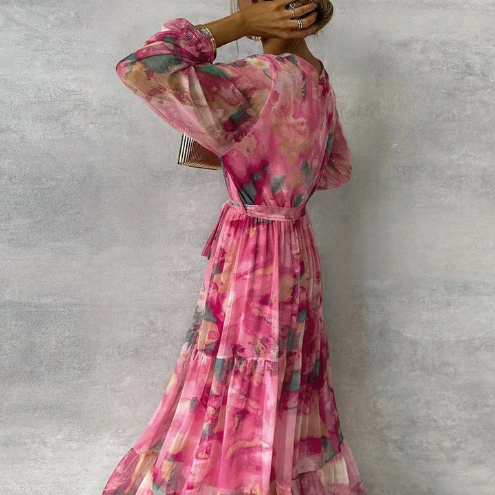 Classic elegant floral maxi dress for women, suitable for summer events, parties, or everyday casual wear.