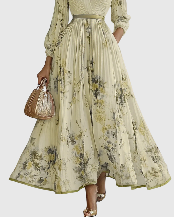 Chic women's V-neck floral pleated maxi dress, modern feminine fashion for any special occasion.