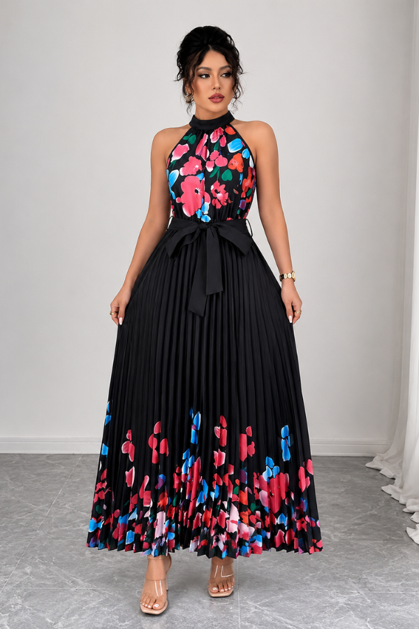 Elegant women's midi dress, vibrant floral print, square neck, and pleated design for summer.