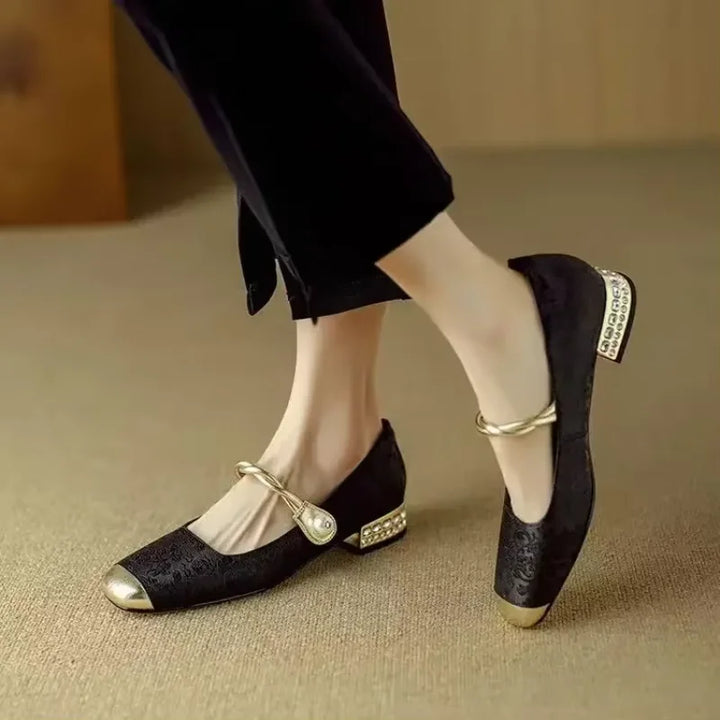 Stylish square toe pumps for women, in a beautiful green shade, with an eye-catching studded heel.