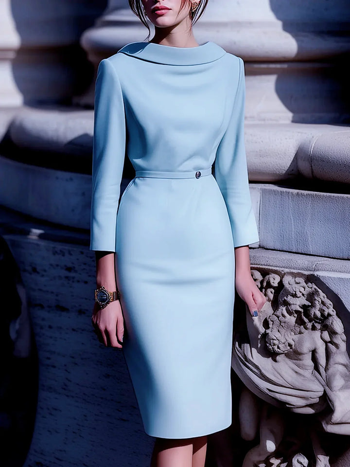 Elegant light blue women's midi dress with belted waist, V-back, and mid-sleeves. Perfect for work or formal occasions.