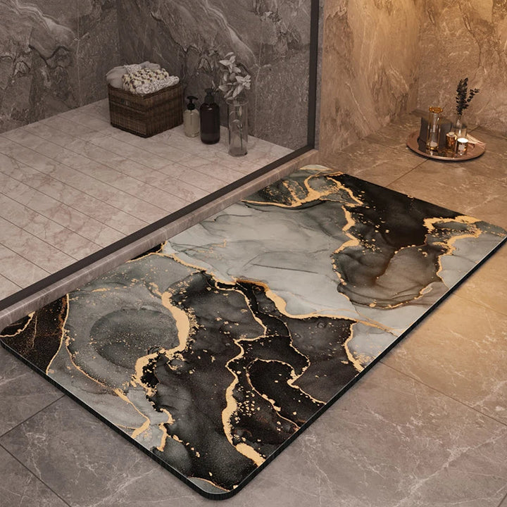 Premium quick-dry marble bathroom mat. Highly absorbent, non-slip, adding luxury to modern home decor.