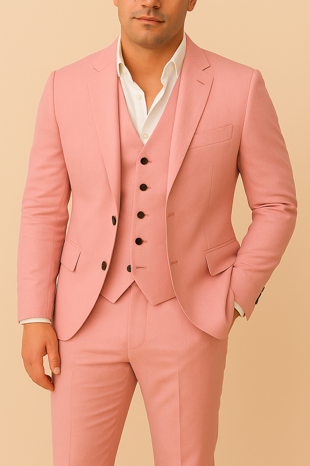 Classic men's tailored 3-piece suit featuring a blazer, waistcoat, and trousers. Ideal for weddings & office wear.