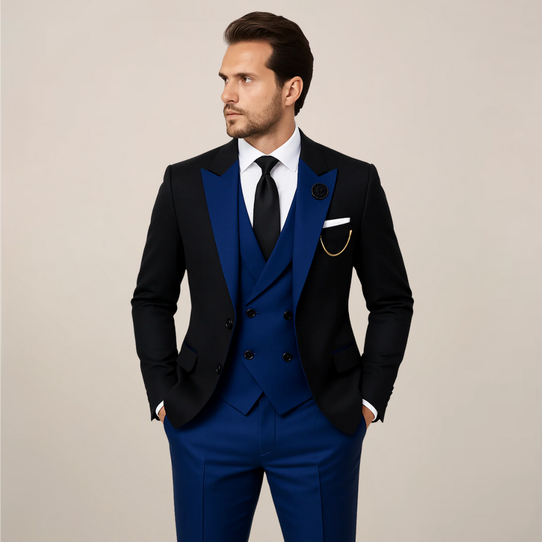 High-quality men's three-piece dinner suit with a sleek contrast lapel, offering refined formal wear for men.