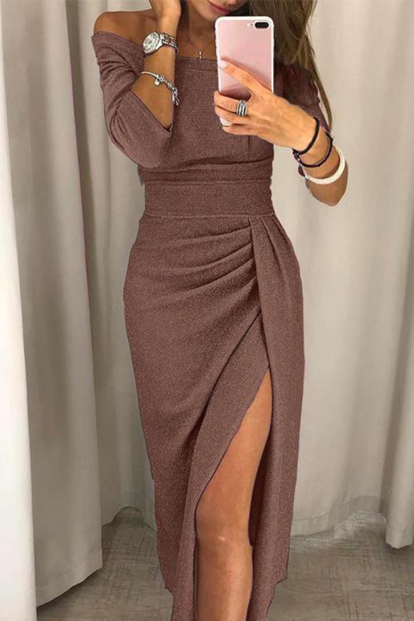 Elegant off-shoulder evening gown for women, featuring a stylish split. Perfect for formal events & parties.