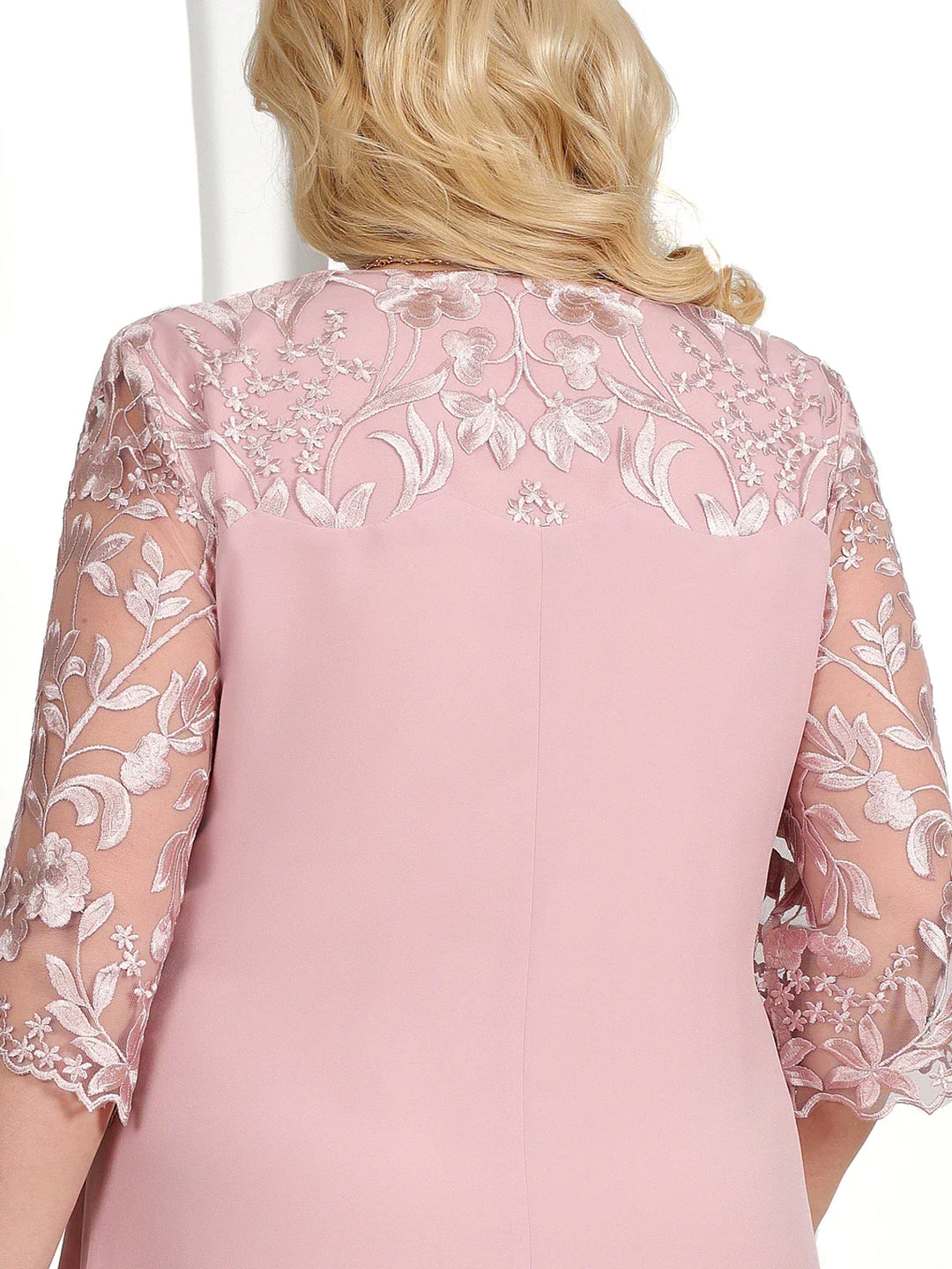 Women's plus size long embroidered banquet dress. Elegant curvy fashion, sheer sleeves for special evening occasions.