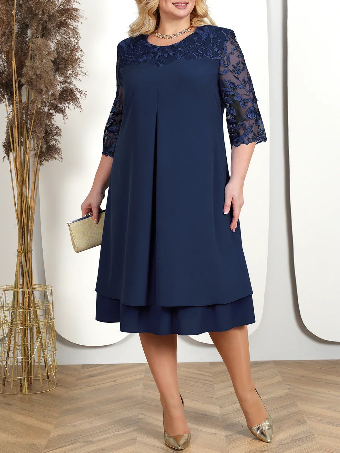 Special occasion plus size formal dress. Embroidered design, sheer sleeves. Perfect women's evening party dress.