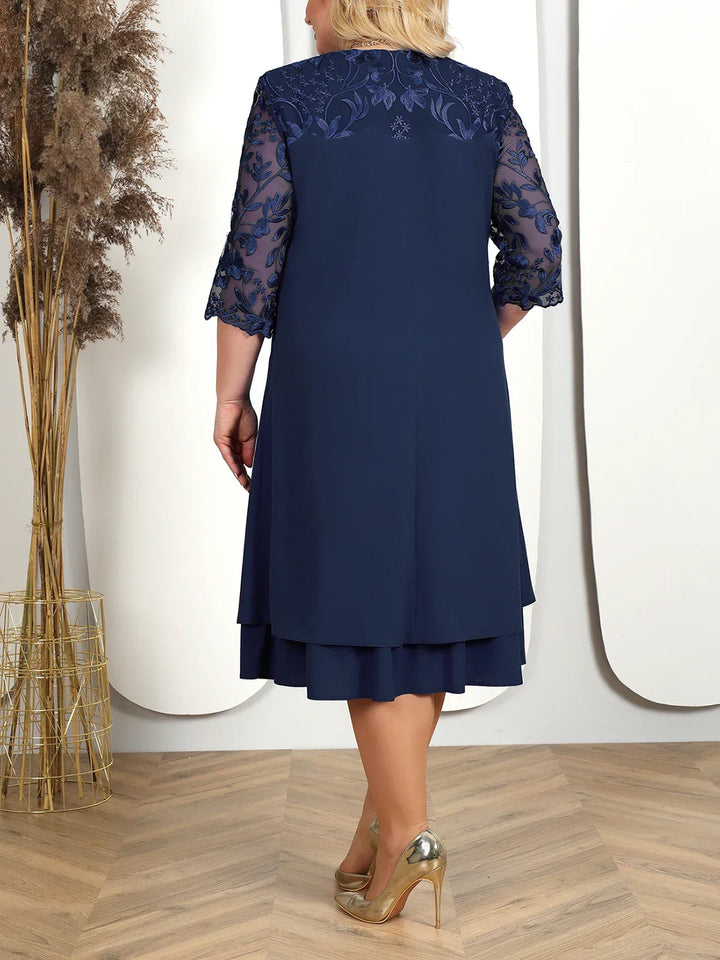 Fall fashion: elegant plus size embroidered banquet dress. Long sheer sleeves, ideal for formal evening events & parties.