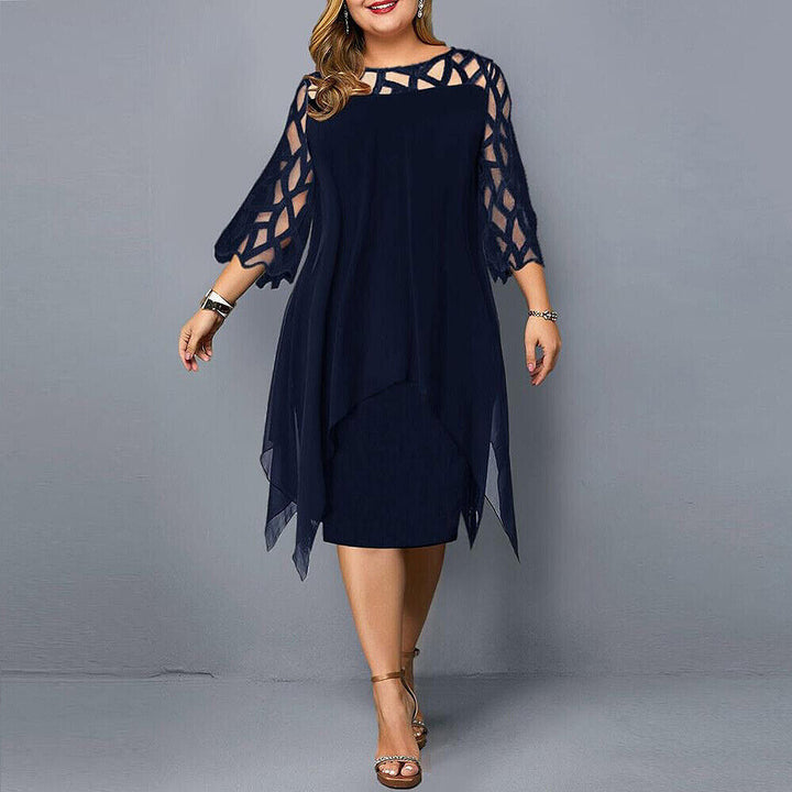 Elegant plus size midi dress for women, featuring beautiful lace sleeves. Perfect for special occasions & formal events.