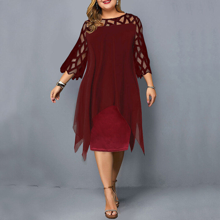 Formal plus size midi dress with exquisite lace long sleeves. Stylish round neck for special events & fall fashion.
