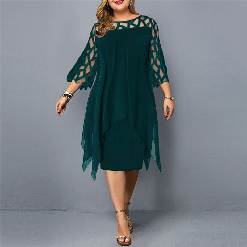 Versatile plus size midi dress for women with elegant lace sleeves, perfect for fall fashion & year-round elegance.