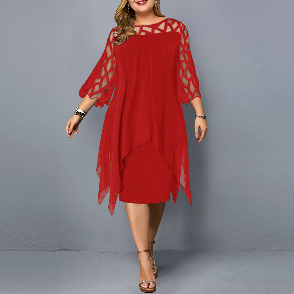 Women's elegant plus size midi dress, round neck, long lace sleeves. A sophisticated choice for formal occasions.