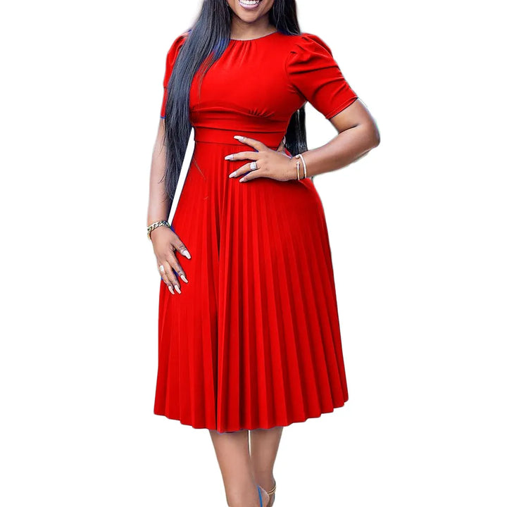 Elegant plus size women's pleated knee-length dress with short sleeves. Perfect for formal events or parties.