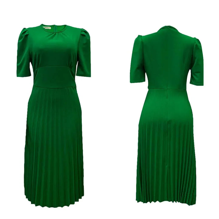 Stylish women's plus size pleated dress, elegant short sleeve A-line cut. Perfect for formal or party occasions.