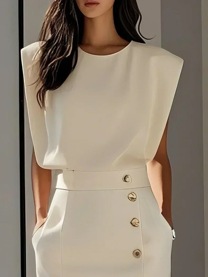 Back view: women's elegant sleeveless midi dress, tailored fit, perfect for formal events.