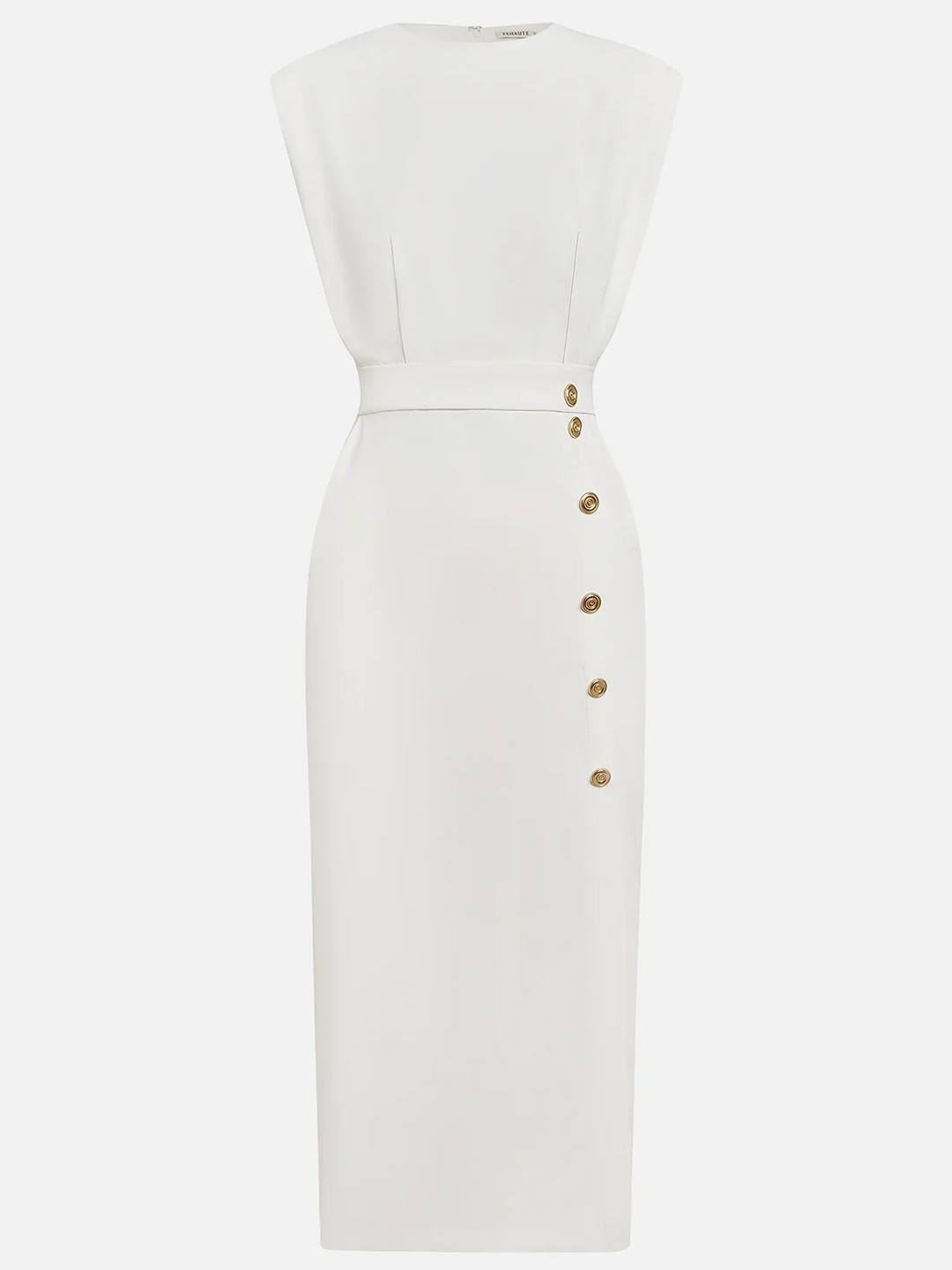 Women's cocktail sleeveless midi dress, featuring a refined gold button closure & elegant leg slit.