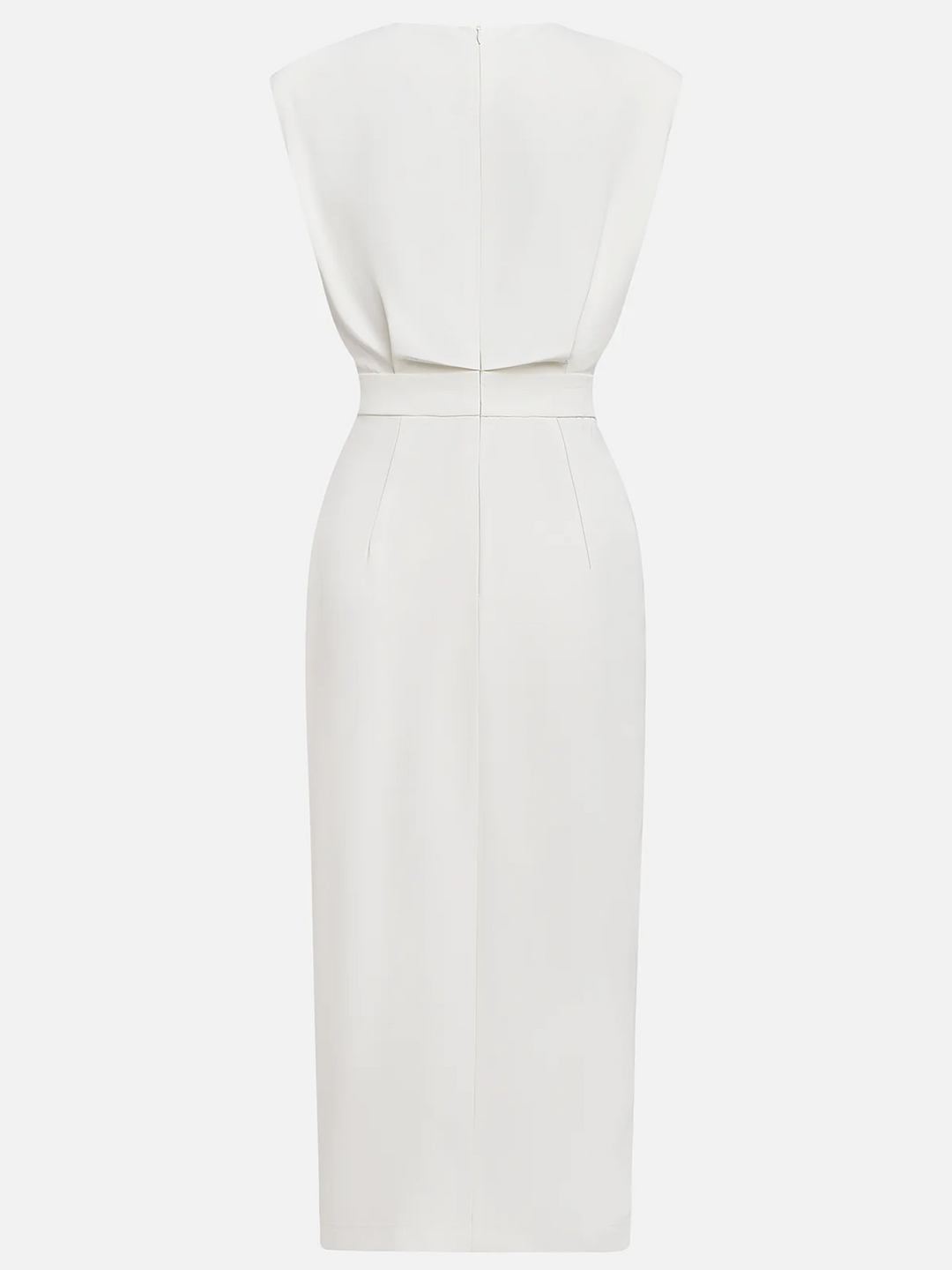 Elegant women's sleeveless midi dress with unique gold button accent, perfect for formal events.