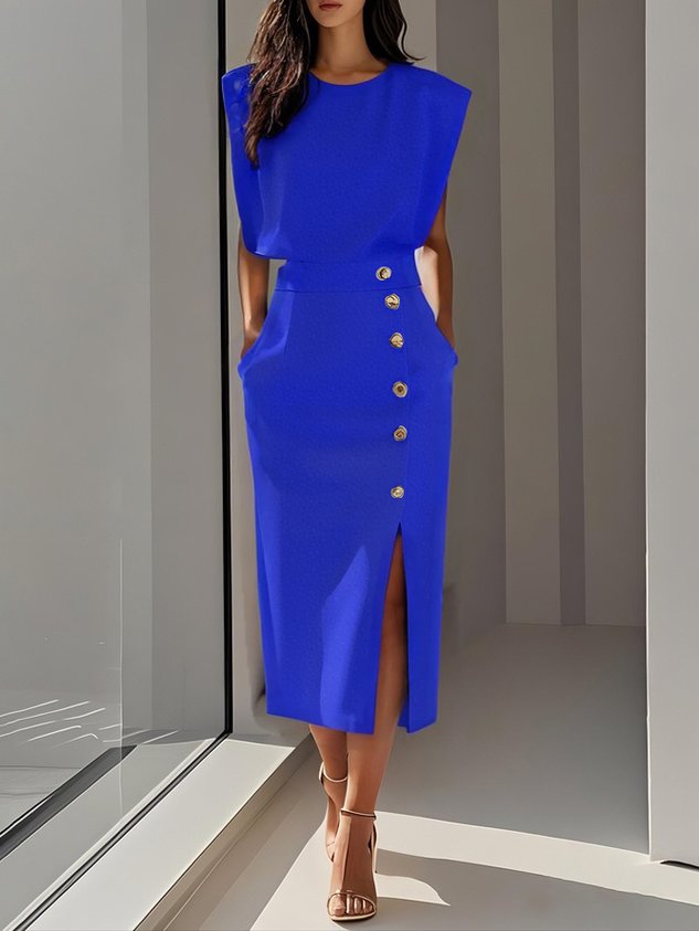 Tailored women's sleeveless midi dress, showcasing a sophisticated design with gold buttons & side slit.