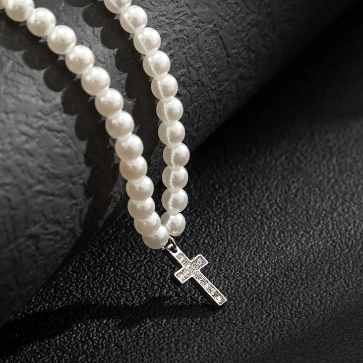 Adjustable unisex pearl cross pendant necklace, a stylish religious fashion accessory for any elegant look.