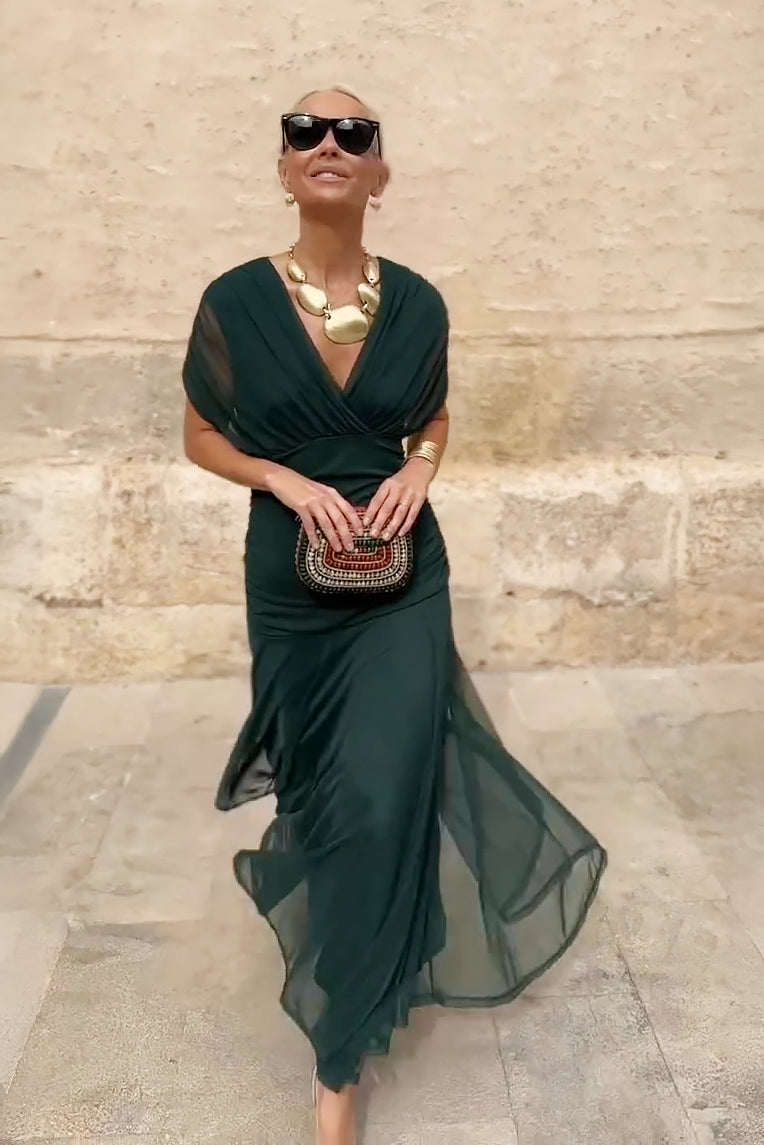 Women's formal V-neck maxi dress, elegant pleated waist. Perfect long dress for weddings & special occasions.