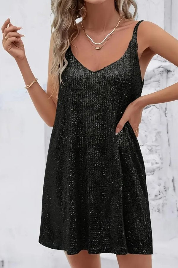 Chic V-neck sequin mini dress for women, sleeveless. Ideal party & cocktail dress for a dazzling look.