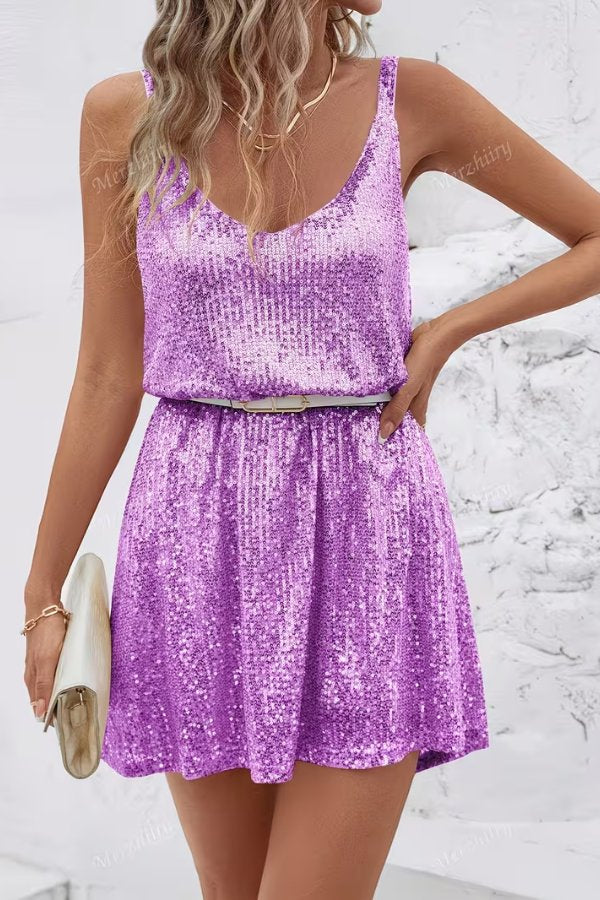 Luxurious sequin mini dress with a deep V-neck. A glamorous sleeveless choice for women's parties & cocktails.