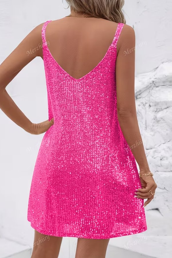 Back view: Stunning sequin mini dress, V-neck design for women. Elegant party & evening fashion.