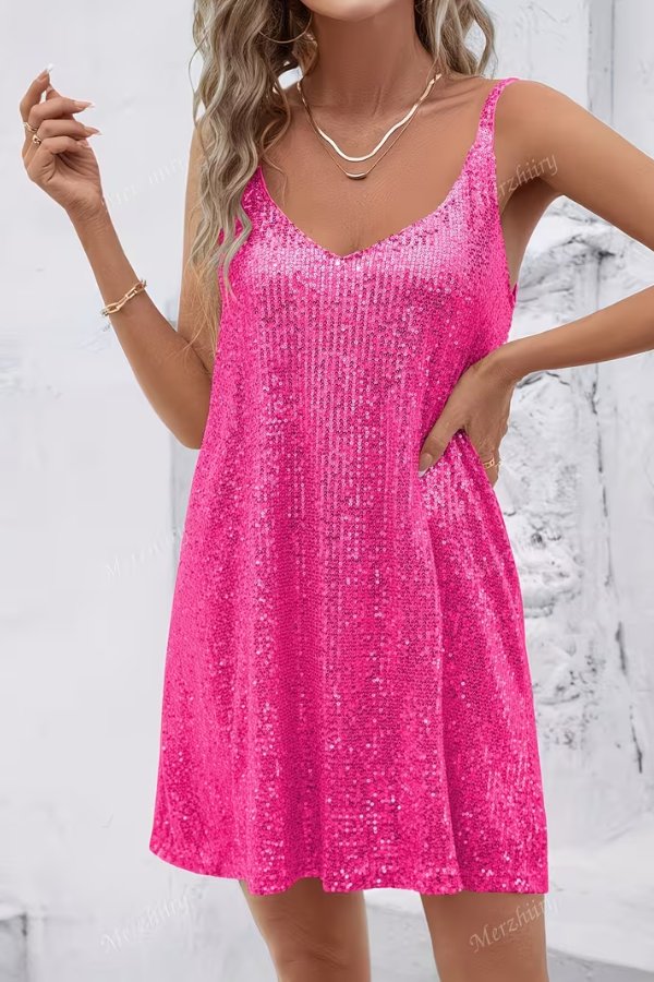 Front view: Women's glamorous V-neck sequin mini dress. Perfect for cocktail parties & special evening wear.