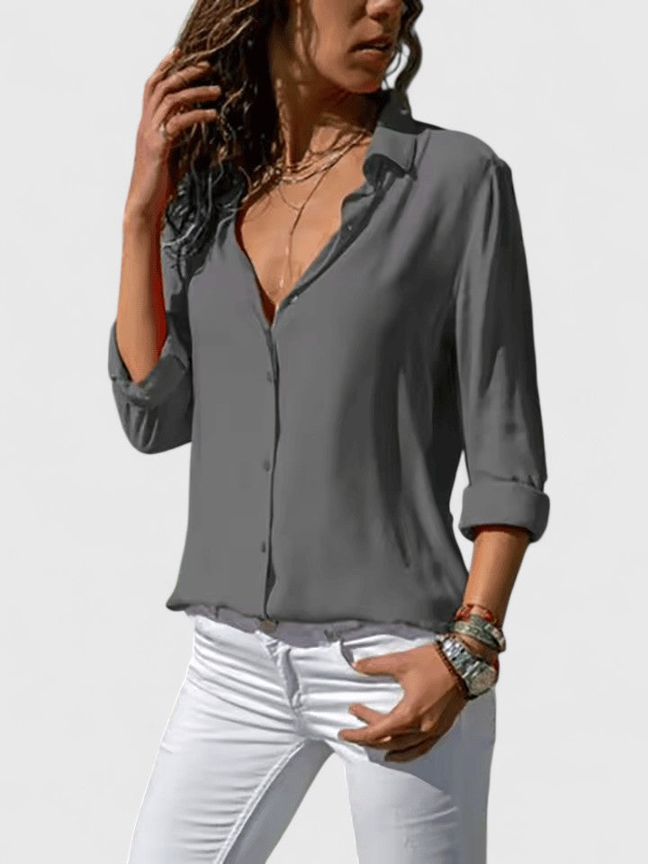 Versatile V-neck blouse for women, stylish for office workwear or chic casual summer fashion.