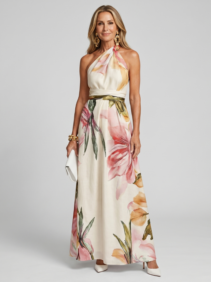 Elegant white halter maxi dress with a flowy skirt, perfect for summer fashion & casual wear.